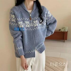 티류으스 노르딕니트집업 눈꽃니트 하늘색가디건 투웨이 집업니트 겨울 봄 빈티지 스웨