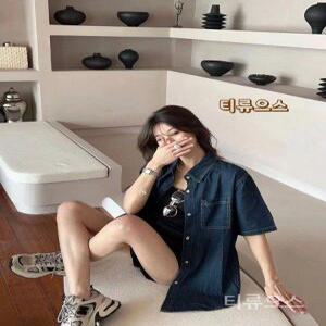 티류으스 여성 데님셔츠 반팔 트렌디한 청난방 데일리룩 캐주얼 유니크한