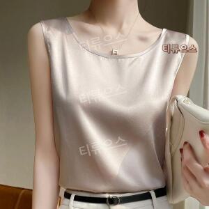 새틴 나시 실크 이너 뷔스티에 탑 핑크라운드넥 티류으스