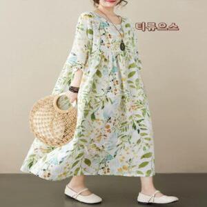 인견원피스 50대원피스 빅사이즈 중년 엄마옷 가을 캉캉 7부 라운드넥 월남치마 티류으