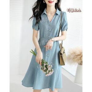 여자 여름 카라넥 반팔 원피스 루즈핏 브이넥 원피스 티류으스