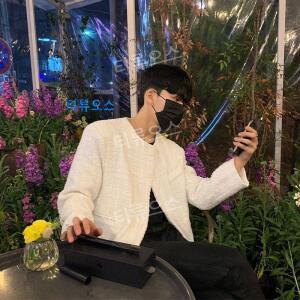 티류으스 남자 트위드 자켓 노카라 블레이저 흰색 재킷 전재준