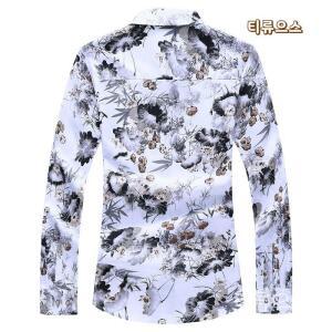티류으스 긴팔 연꽃 남자 남방 긴팔 셔츠 꽃무늬 화려한 하와이안 옷 흰색 슬림핏 빅사
