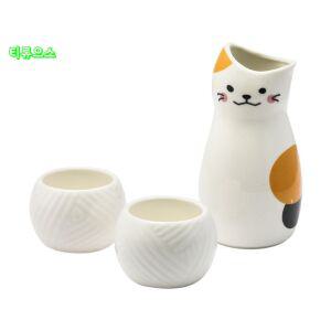 일본 사케 고양이 도쿠리 세트 잔 술병 우드트레이 티류으스