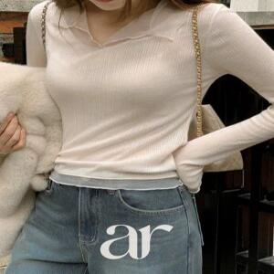 (블라우스티) 망사 카라 긴팔 티셔츠 여리여리핏 망사시스루 꾸안꾸룩 데이트룩 출근룩