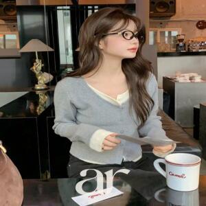 (일체형/레이어드투톤) 시그니 펜던트 레이어드 배색 니트 가디건 cd3584