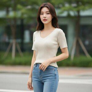 ATMARK 심플골지브이넥반팔니트_AA41KN035P