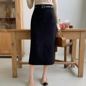 (L사이즈 추가/링클프리/벨트세트/하객룩) 프렌토 쫀득 하이웨스트 H라인 트임 롱 스커