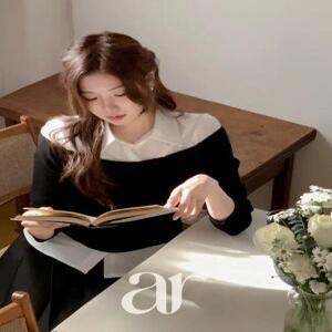 (레이어드한듯/출근룩/하객룩) 헤이덴 레이어드 배색 오프숄더 니트 카라 셔츠 bs8618