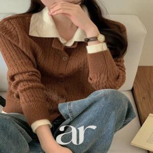 카라 배색 레이어드 케이블 니트 가디건 겨울가디건 겨울니트 데일리룩 오피스룩 출근