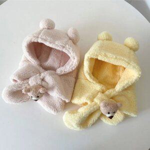 J2K 아동 후드 머플러 곰인형 양털 목도리 모자 귀마개 유아