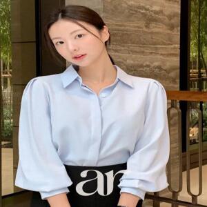 (XL/링클프리) 모먼트 히든버튼 퍼프 카라 블라우스 bs7740