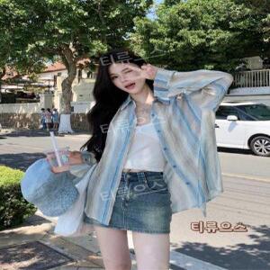 간절기 블루 스트라이프 긴팔셔츠 여성 여름 얇은 스타일루즈핏남방색감이독특한예쁜