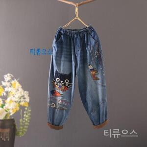 티류으스 자수 청바지 여성 빅사이즈 포켓 캐주얼 진 팬츠 수놓은 데님 스키니 밴딩 스