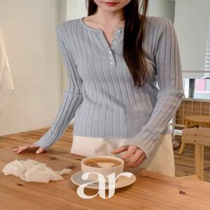 울함유 (울함유/신축성좋은소재/꾸안꾸여리핏) 엘루나 헨리넥 버튼 골지 긴팔 니트 nt