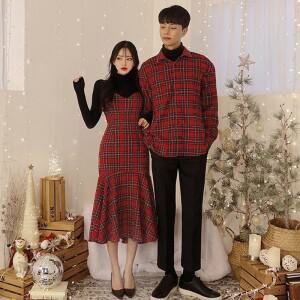 겨울 커플 시밀러룩 웨딩촬영 티류으스 커플룩 체크 원피스 크리스마스 드레스 세트