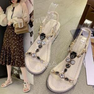 여성용 여름 신발 보석 센들 로우힐 여자 스트랩 화려한 샌들 티류으스