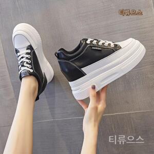티류으스 12cm통굽 리얼레더 여성키높이운동화 통기성 화이트 블랙