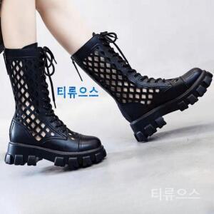 가죽 펀칭 부츠 워커 군화 여성 통굽 여름 롱 키작녀 힐 신발 망사 메쉬 티류으스