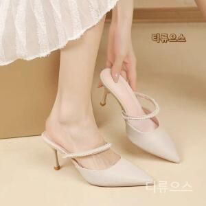 티류으스 진주 스트랩 센티 블로퍼 발편한 미들 하이 스틸레토 힐 슬립온 샌들