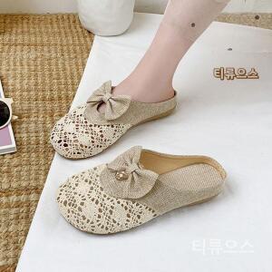 린넨 매쉬 슈즈 레이스 쪼리 패션 슬리퍼 구멍 하프 망샌들 라탄 여성 플랫 블랙 티류