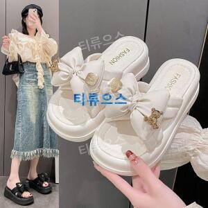 티류으스 볼륨 리본 통굽슬리퍼 키높이슬리퍼 학교 발편한 여름 슬리퍼 7cm
