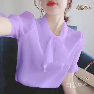 사이즈 퍼프 정장오피스룩 빅 쉬폰셔츠블라우스 반팔 리본타이 여름 티류으스