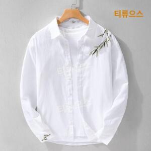 남자 봄 여름 자수 면 및 린넨 셔츠 긴팔 의류 예술적인 캐주얼 트렌디한 얇은 티류으