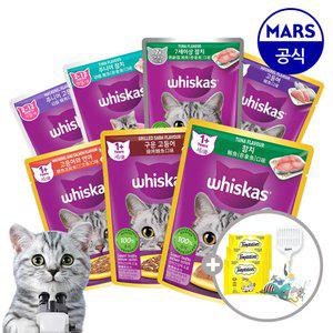위스카스팩 파우치 24개 골라담기+고양이모래삽+캣닢쿠션+템테이션12gx3개