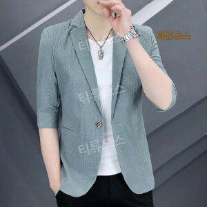 남자 여름 냉감 정장재킷 머슬핏 하객룩 7부 스트라이프 마이 화려한자켓 슬림핏 티류