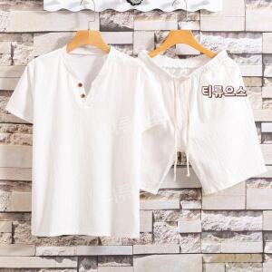 남성용 슬림 반팔 반바지 세트 코튼 리넨 단색 남성 티셔츠 투피스남성의류여름신상 티