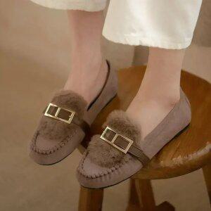 SOVO 콤포튼 퍼안감 스웨이드 단화 여성로퍼 1cm