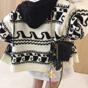 에스닉 배색 패턴 하이넥 후드 루즈핏 타울지 겨울 니트 가디건자켓
