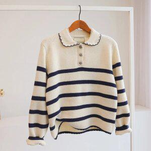 [잇수다] 보마린 스트라이프 배색 물결 카라 버튼 울 니트