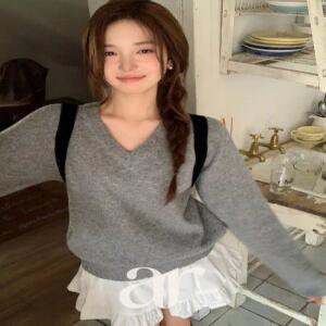 울함유 (2기장3사이즈/소프트울) 쉐이드 세미크롭 롱 2기장 브이넥 울 니트 nt5213