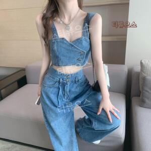 데님뷔스티에탑 청조끼 베스트 튜브탑 민소매 끈나시 패션 투피스 세트 숏 트렁크롱 티