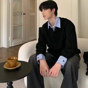 남자 오버핏 캐주얼 맨투맨 봄 가을 긴팔 카라넥 티셔츠