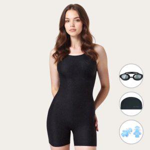 [4종세트] 베이직엘르 여성 X백 반전신 블랙 실내수영복 BEF-Z102K