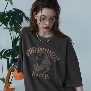 키튼 패치 피그먼트 반팔티 브라운