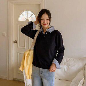 올런 셔츠배색 레이어드 버튼니트