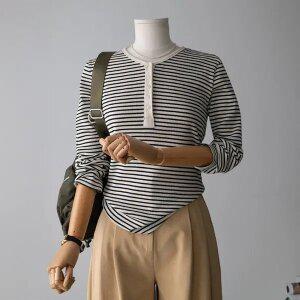 (안나앤모드) binding 골지 스트라이트 버튼 탑[티셔츠EDG7]