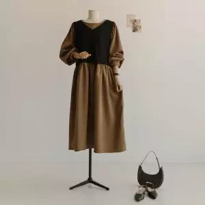 [66-110] 리트 베스트 배색 리본 롱 원피스