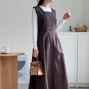 여자 바스락 스퀘어넥 플레어 민소매 심플 롱원피스