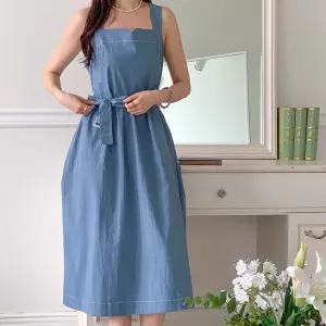 여자 스티치 린넨 벨트 스퀘어 나시 휴양지룩 롱원피스