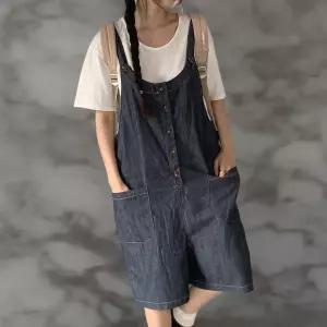 여자 포켓 와이드 버튼 스티치  점프수트