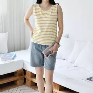 여성 여름 스트라이프 라운드넥 나시 티셔츠