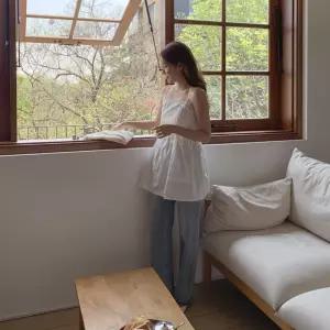 여성 코튼 레이스 셔링 어깨끈 미니 드레스