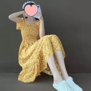 여성 여름 꽃 패턴 스모크 밴딩 반팔 쉬폰 롱 드레스