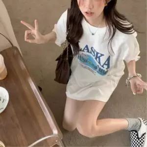 [하프클럽/]여성 캐주얼 프린트 면혼방 오버사이즈 반팔티