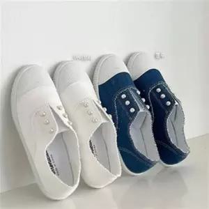 여자 코튼 단화 진주큐빅 패브릭 슬립온